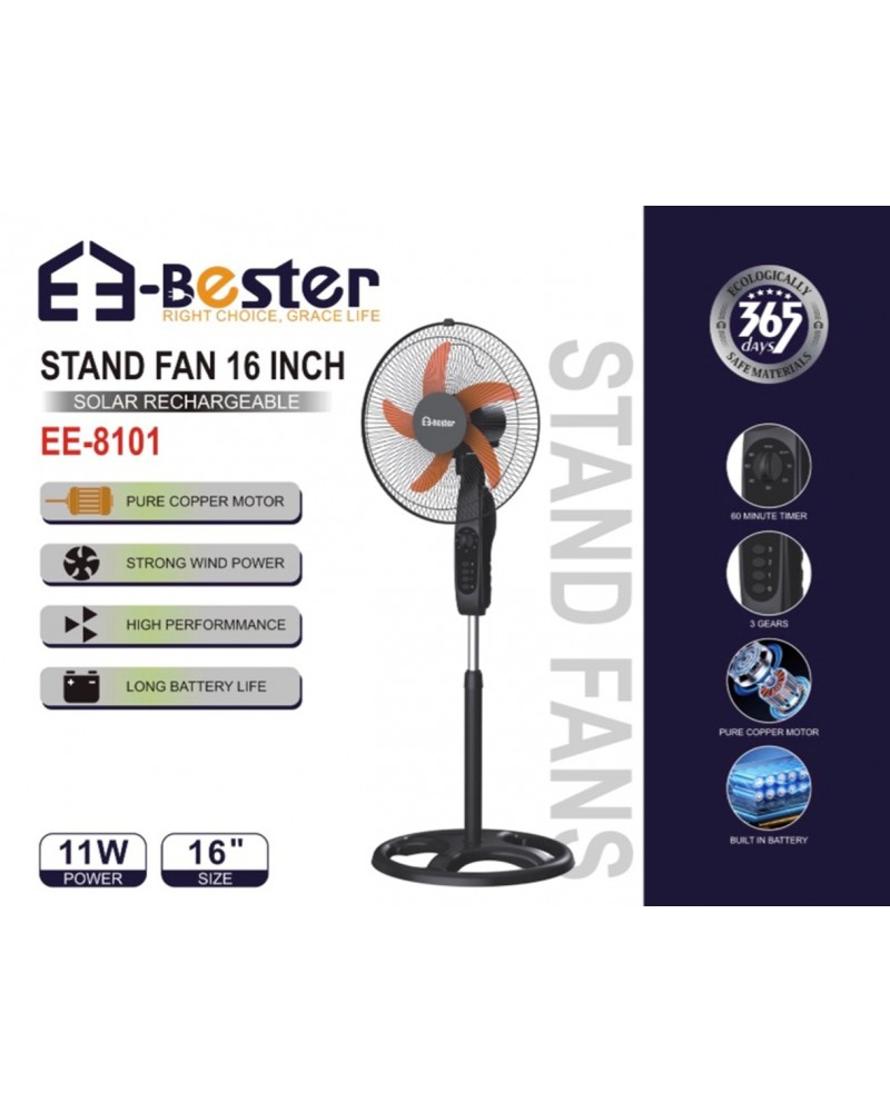 مروحة ستاند قابلة للشحن بالطاقة الشمسية E-Bester - حجم 16 إنش، 11 واط، بطارية طويلة الأمد