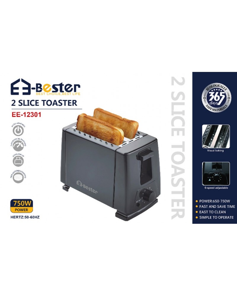 محمصة خبز توستر Bester أسود لشريحتين - قوة 750 واط، 6 مستويات تحكم، إخراج تلقائي (EE-12301) محمصة خبز توستر Bester أسود لشريحتين - قوة 750 واط، 6 مستويات تحكم، إخراج تلقائي (EE-12301)
