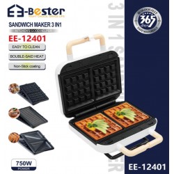 ماكينة صانع ساندويتشات ووافل وشواء 3 في 1 من E-Bester بقوة 750 واط - سهولة التنظيف وتسخين مزدوج (الموديل EE-12401) ماكينة صانع ساندويتشات ووافل وشواء 3 في 1 من E-Bester بقوة 750 واط - سهولة التنظيف وتسخين مزدوج (الموديل EE-12401)