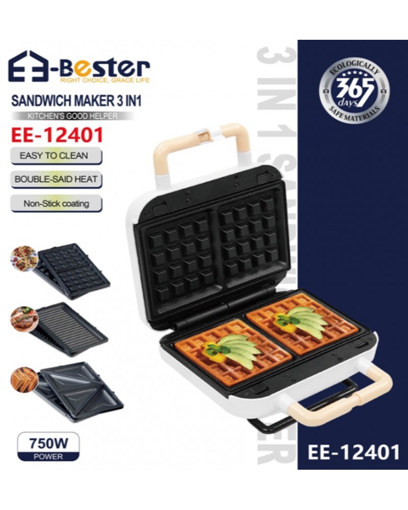 ماكينة صانع ساندويتشات ووافل وشواء 3 في 1 من E-Bester بقوة 750 واط - سهولة التنظيف وتسخين مزدوج (الموديل EE-12401) ماكينة صانع ساندويتشات ووافل وشواء 3 في 1 من E-Bester بقوة 750 واط - سهولة التنظيف وتسخين مزدوج (الموديل EE-12401)