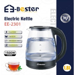 غلاية كهربائية زجاجية E-Bester EE-2301 بقوة 1500 واط وسعة 1.8 لتر مع حماية من الغليان الجاف غلاية كهربائية زجاجية E-Bester EE-2301 بقوة 1500 واط وسعة 1.8 لتر مع حماية من الغليان الجاف