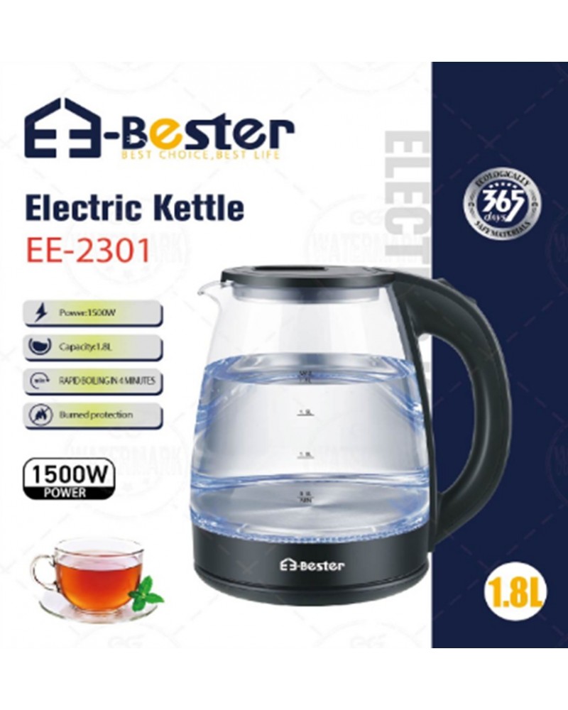 غلاية كهربائية زجاجية E-Bester EE-2301 بقوة 1500 واط وسعة 1.8 لتر مع حماية من الغليان الجاف غلاية كهربائية زجاجية E-Bester EE-2301 بقوة 1500 واط وسعة 1.8 لتر مع حماية من الغليان الجاف