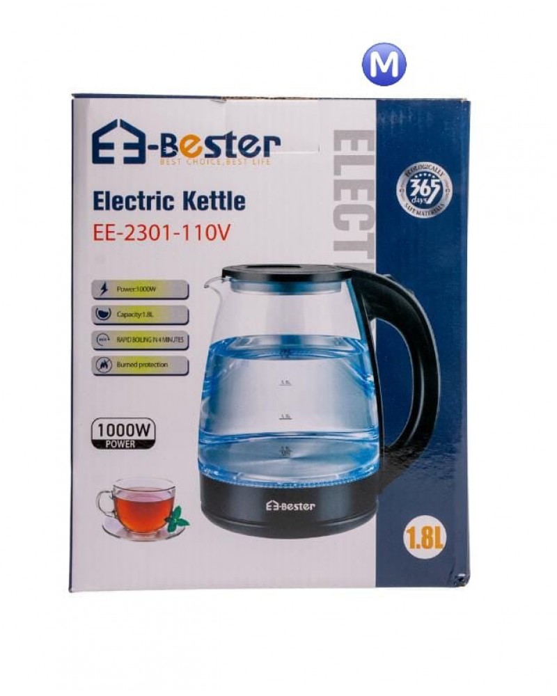 غلاية كهربائية زجاجية E-Bester EE-2301 بقوة 1500 واط وسعة 1.8 لتر مع حماية من الغليان الجاف غلاية كهربائية زجاجية E-Bester EE-2301 بقوة 1500 واط وسعة 1.8 لتر مع حماية من الغليان الجاف