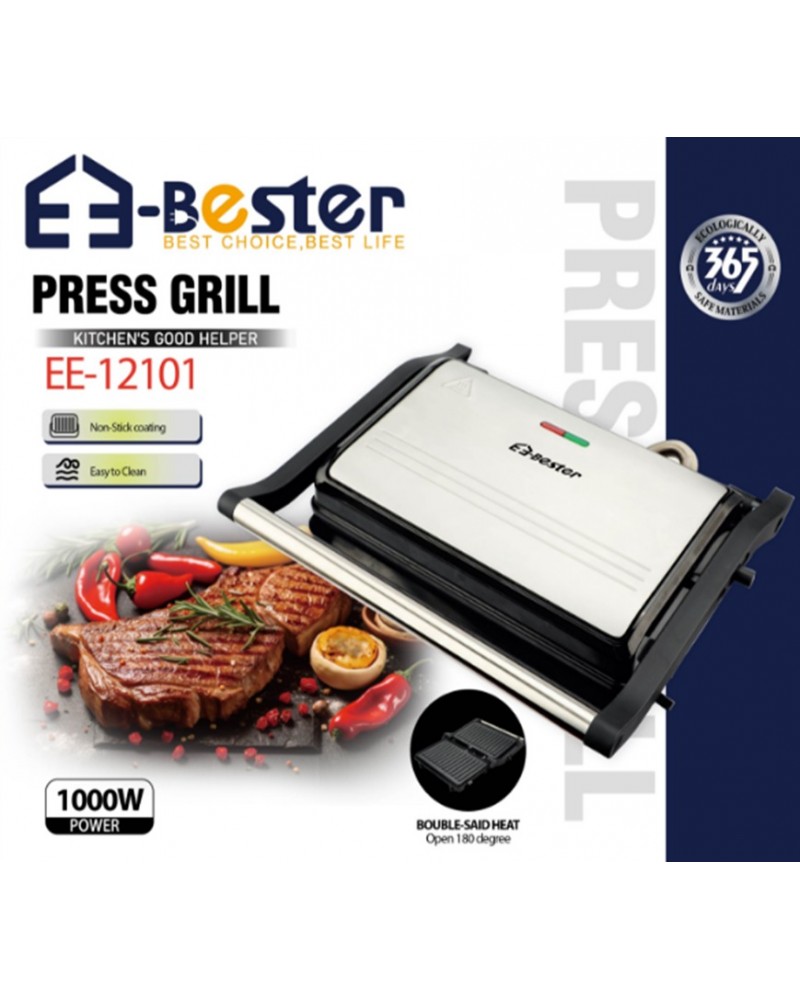 سخان سندويشات وشواية E-Bester EE-12101 | قوة 1000 واط | فتح كامل 180° | ألواح غير لاصقة. سخان سندويشات وشواية E-Bester EE-12101 | قوة 1000 واط | فتح كامل 180° | ألواح غير لاصقة.