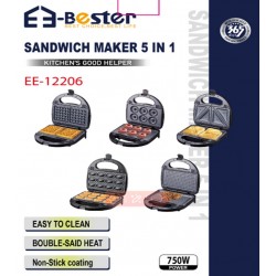 صانع ساندويتشات و وافل و دونات و كب كيك وشواء 5 في 1 من E-Bester بقوة 750 واط - سهل التنظيف ومزود بتسخين مزدوج