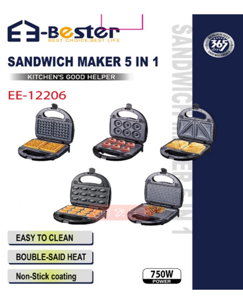 صانع ساندويتشات و وافل و دونات و كب كيك وشواء 5 في 1 من E-Bester بقوة 750 واط - سهل التنظيف ومزود بتسخين مزدوج