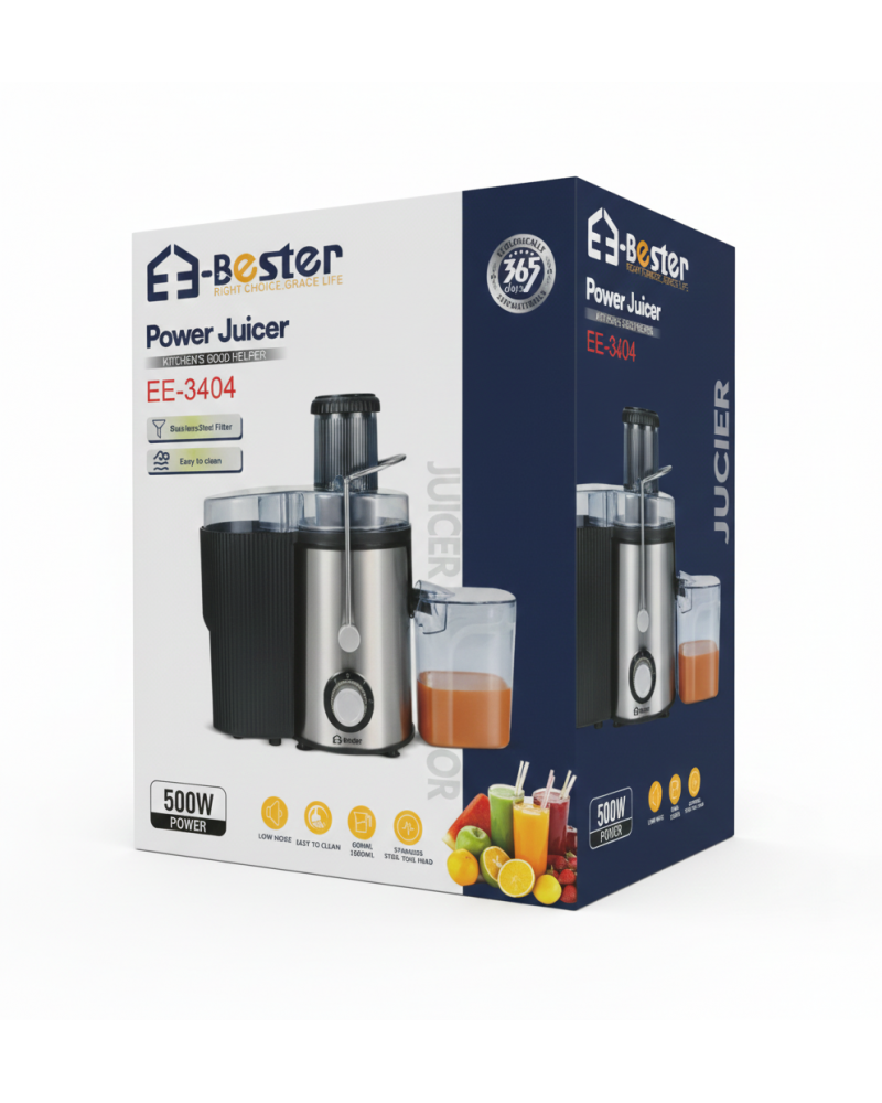 عصارة كهربائية E-Bester EE-3404 - قوة 500 واط، فلتر ستانلس ستيل، سهلة التنظيف وضوضاء منخفضة