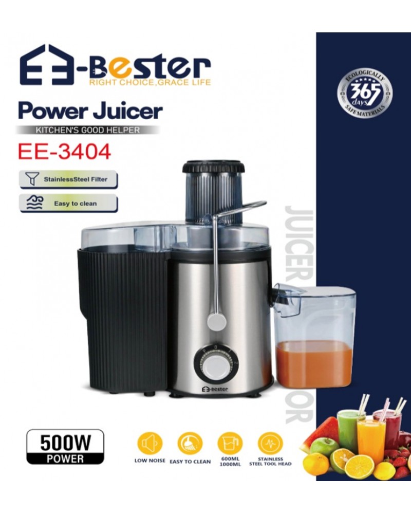 عصارة كهربائية E-Bester EE-3404 - قوة 500 واط، فلتر ستانلس ستيل، سهلة التنظيف وضوضاء منخفضة