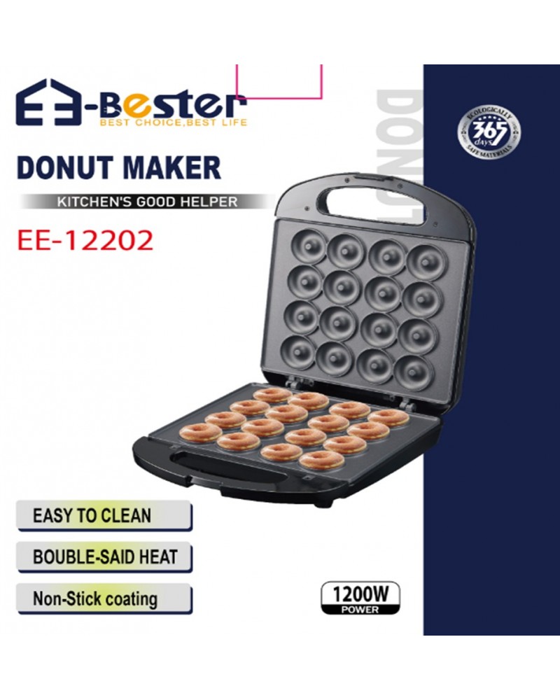 صانعة الدونات الكهربائية من E-Bester بقوة 1200 واط - 18 فتحة، غير لاصقة، وتسخين مزدوج (EE-12202) صانعة الدونات الكهربائية من E-Bester بقوة 1200 واط - 18 فتحة، غير لاصقة، وتسخين مزدوج (EE-12202)