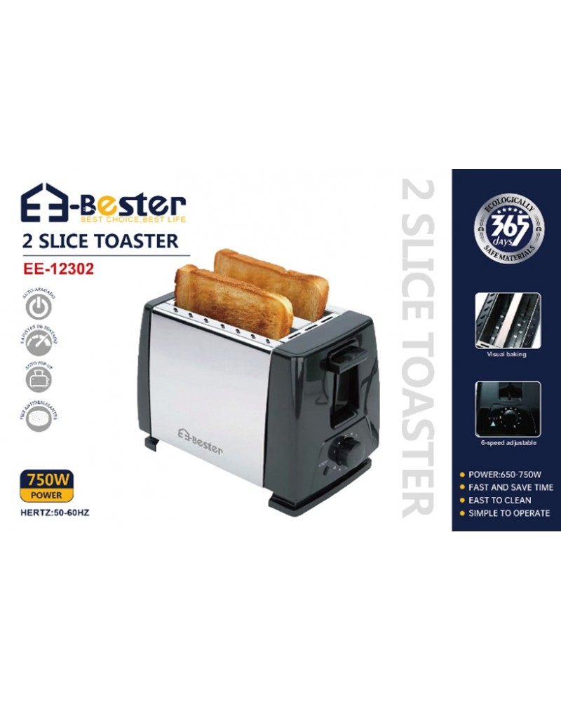 محمصة خبز (توستر) E-Bester لشريحتين - قوة 750 واط، 6 مستويات تحكم، خاصية الإخراج التلقائي محمصة خبز (توستر) E-Bester لشريحتين - قوة 750 واط، 6 مستويات تحكم، خاصية الإخراج التلقائي
