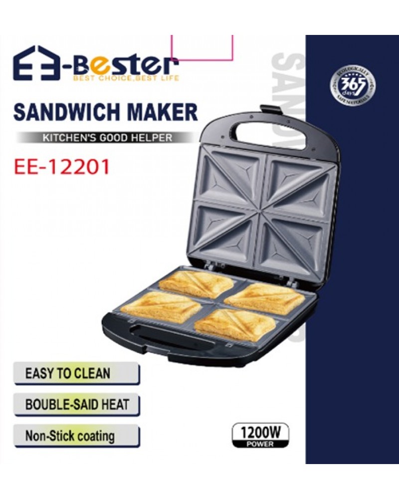 صانع ساندويتشات E-Bester بقوة 1200 واط - 4 قطع، تسخين مزدوج، طلاء غير لاصق (EE-12201) صانع ساندويتشات E-Bester بقوة 1200 واط - 4 قطع، تسخين مزدوج، طلاء غير لاصق (EE-12201)