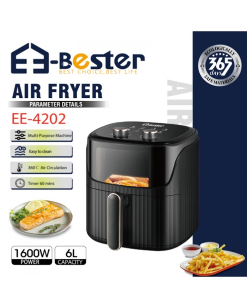 قلاية هوائية E-Bester EE-4202 متعددة الأغراض سعة 6 لتر وقوة 1600 واط مع مؤقت 60 دقيقة قلاية هوائية E-Bester EE-4202 متعددة الأغراض سعة 6 لتر وقوة 1600 واط مع مؤقت 60 دقيقة