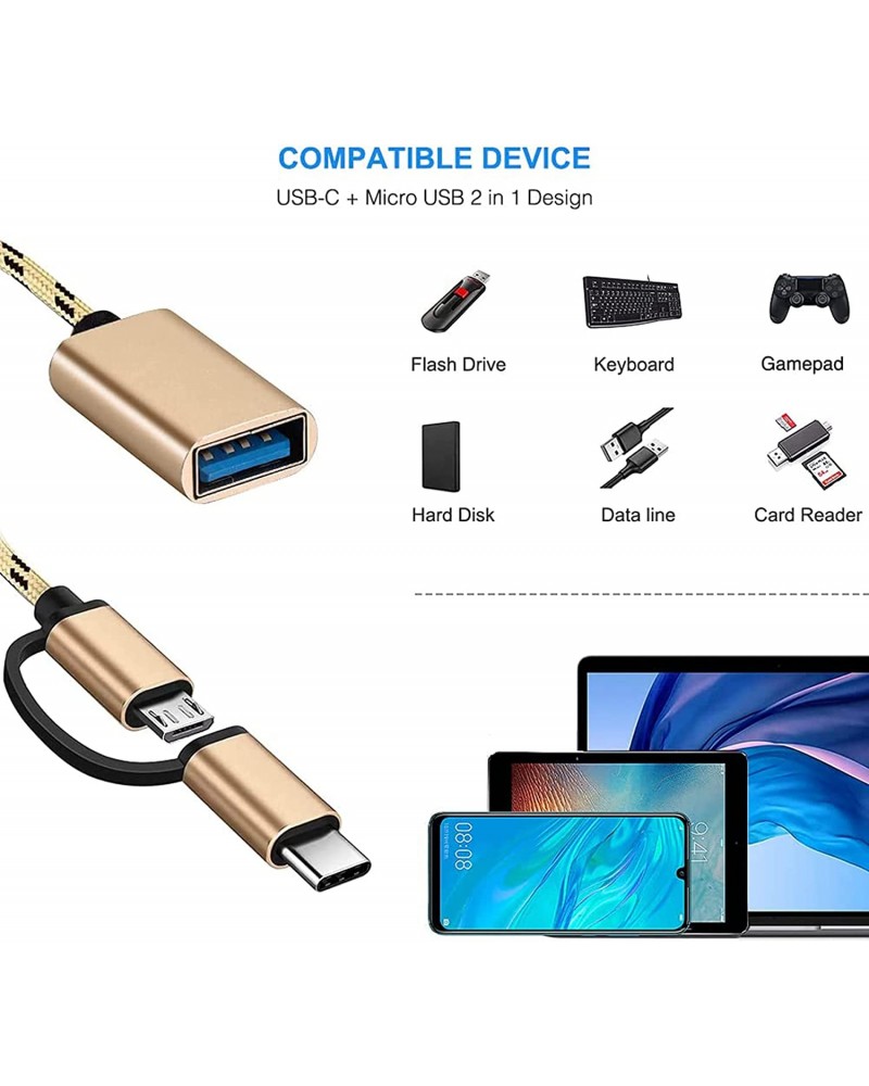 كيبل محول USB C الى USB، USB C/Micro الى USB، كيبل محول مايكرو الى USB 3.0 او تي جي متوافق مع اي ماك واندرويد وجوجل وسامسونج جالكسي وغيرها (ذهبي)