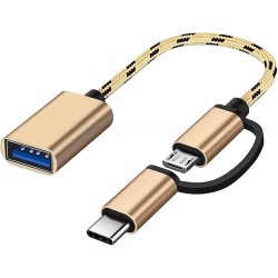 كيبل محول USB C الى USB، USB C/Micro الى USB، كيبل محول مايكرو الى USB 3.0 او تي جي متوافق مع اي ماك واندرويد وجوجل وسامسونج جالكسي وغيرها (ذهبي)