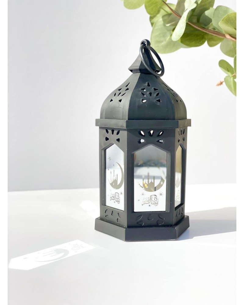 فانوس رمضان زينة بمرايا مضيئه ذات نقوش مع اضاءة LED, متوفر بعدة الوان (اسود)