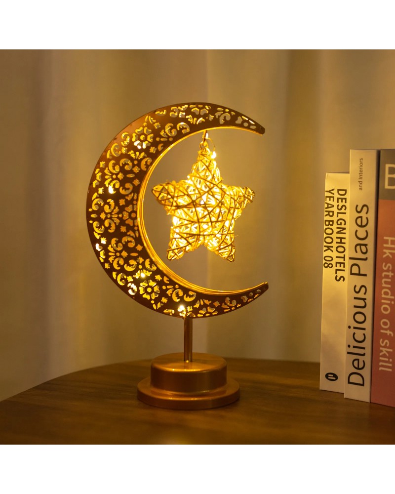 هلال رمضان مصباح طاولة LED زينة بتصميم قمر ونجوم، مصباح مكتب لاسلكي على شكل قمر