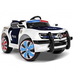 سيارة كهربائية شرطة للأطفال بمحركين قويين  مع جهاز للتحكم وصوت ونان - لون ابيض واسود - من رالي